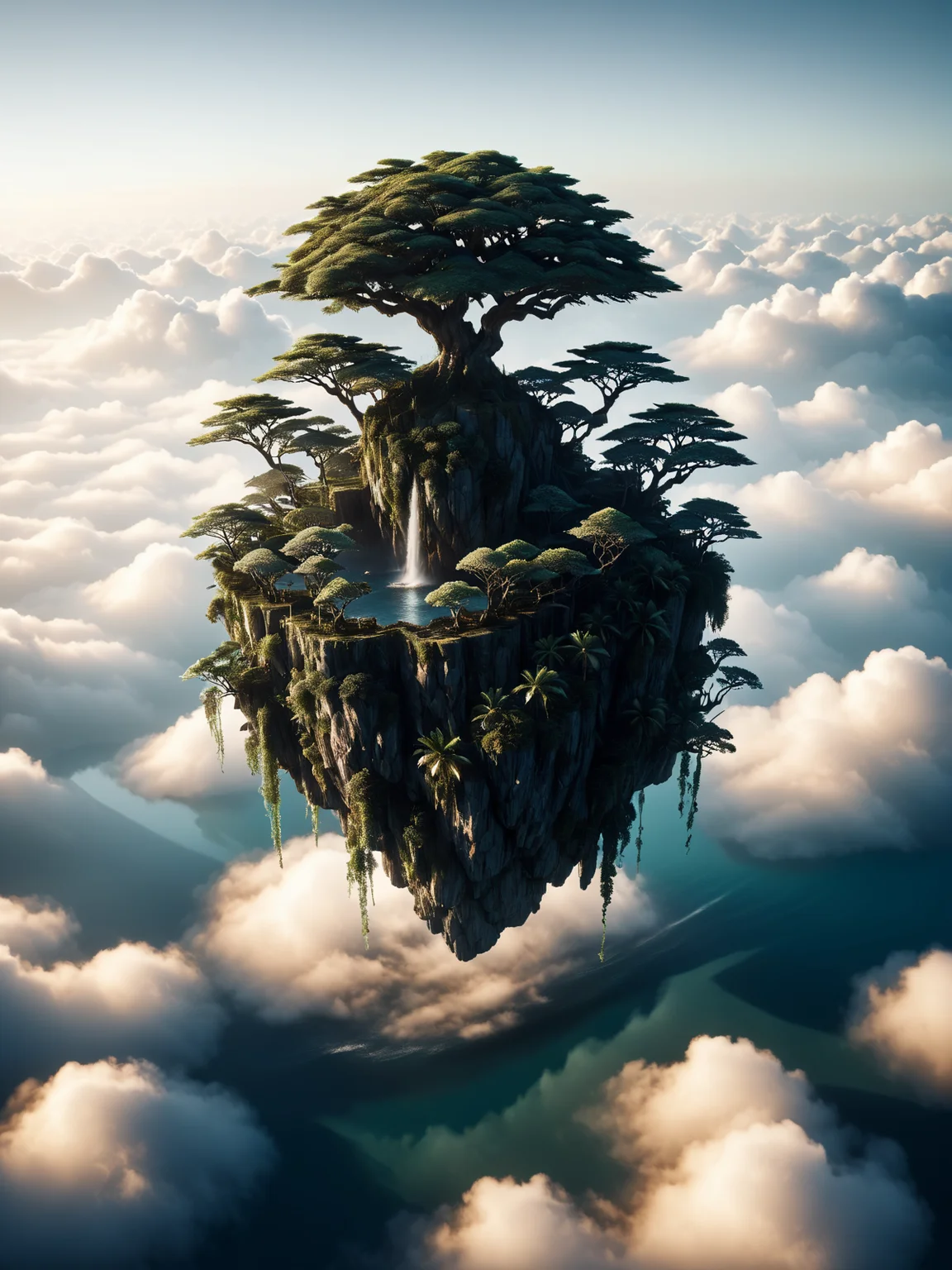 floating island, mad-abvthclds <lora:Above_the_Clouds_SDXL:0.8>, raw photo, film grain, Fujifilm XT3, (photorealistic, realistic:1.2), deep shadow, 8k, uhd, dslr, ultra high res