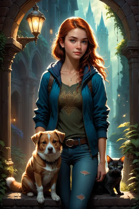 by Thomas Kinkade and Charlie Bowater in the style of Craig Mullins , cute 18 year old woman and her pet <lora:more_art:0.30> <lora:midjourney:-0.15> <lora:RMSDXL_Enhance:0.50> <lora:RMSDXL_Creative:0.50> <lora:RMSDXL_Photo:0.50> <lora:RMSDXL_Darkness_Cinema:0.50> <lora:clothing_slider:2.00> <lora:great_lighting:1.50> <lora:aesthetic:1.50> <lora:photorealistic_portrait:1.50> <lora:extremely_detailed:1.50> <lora:dpo:0.25>