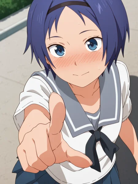 masterpiece, best quality, amazing quality, absurdres, newest, dynamic_angle, defined facial features, anime coloring, anime screencap,
<lora:4in1_Chio_Manana_Yuki_Chiharu_ILv0a:0.8> yuki-h0sokawa, school uniform, serafuku, blush, blue pleated skirt, black ribbon, pointing