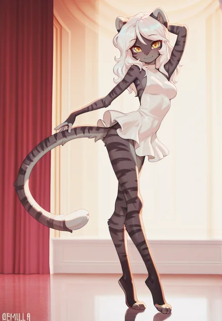 masterpiece,best quality,amazing quality, sfw, solo, Amalia, feline, anthro, furry female, yellow eyes, (long legs:1.3), elegant, sexy legs, dance, dancing, short dress, medium breasts, posing, looking at viewer, cute, beautiful, presenting legs, 8k, detailed, beautiful, elegant, tall, long and beautiful legs <lora:Amalia_Claralaine:0.8>