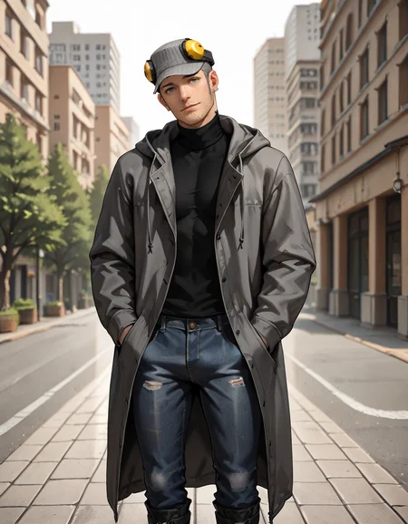 masterpiece, best quality, absurdres, newest, perfect quality, best quality, absolutely eye-catching, detailed background, intricate details, male focus, realistic, solo, <lora:Persona 5 - Munehisa Iwai - Illustrious 2_1-000006:0.7>, m_iwai, 1boy, mature male, grey hair, very short hair, grey eyes, long sideburns, stubble, neck tattoo, earrings, pinstripe hat, ear protection, grey long coat, black turtleneck, hood down, jeans, black boots, head tilt, come hither, looking at viewer, outdoors, city, trees, three quarter view, head tilt, standing, hands in own pockets