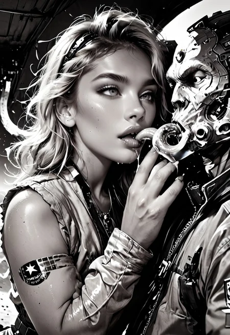 score_9, score_8_up, score_7_up, Realistic, cinematic shot, selective color, monochrome background, grayscale, 4k, correct hand anatomy,
(((Girl kisses an alien, hetero, space adventure ))), 
Tender kiss,
(1boy, Alien, alien species, desert animal, non-humanoid, slime, chitin, antennae,  tentacles, cross-species, alien caressing girl),
1girl, 18yo, blonde, red front highlights, perfect face, stunning, breathtaking face, detailed face, perfect teeth, expressive eyes, extremely cute, medium boobs, round stomach, sexy, partial nudity,
Pear-shaped figure, short female, stocky, perfect round butt, wide hips, narrow waist, strong legs, thick thighs, long legs, short torso, narrow shoulders, 
Work clothes, space mechanic outfit, thick cargo pants, midriff, 
Detailed background, black and white background , alien world, alien desert, alien desert flowers, alien fauna, impossible landscape, two moons, outdoors, open space, 
highres, absurdres, in focus, hetero,
easynegative, CyberRealisticPony_POSV1, Stable_Yogis_PDXL_Positives, negative_hand, ALRGFC, alluring face, realistic, Gadget, SelectiveColorStyle, 1colorpop, 2colorpop