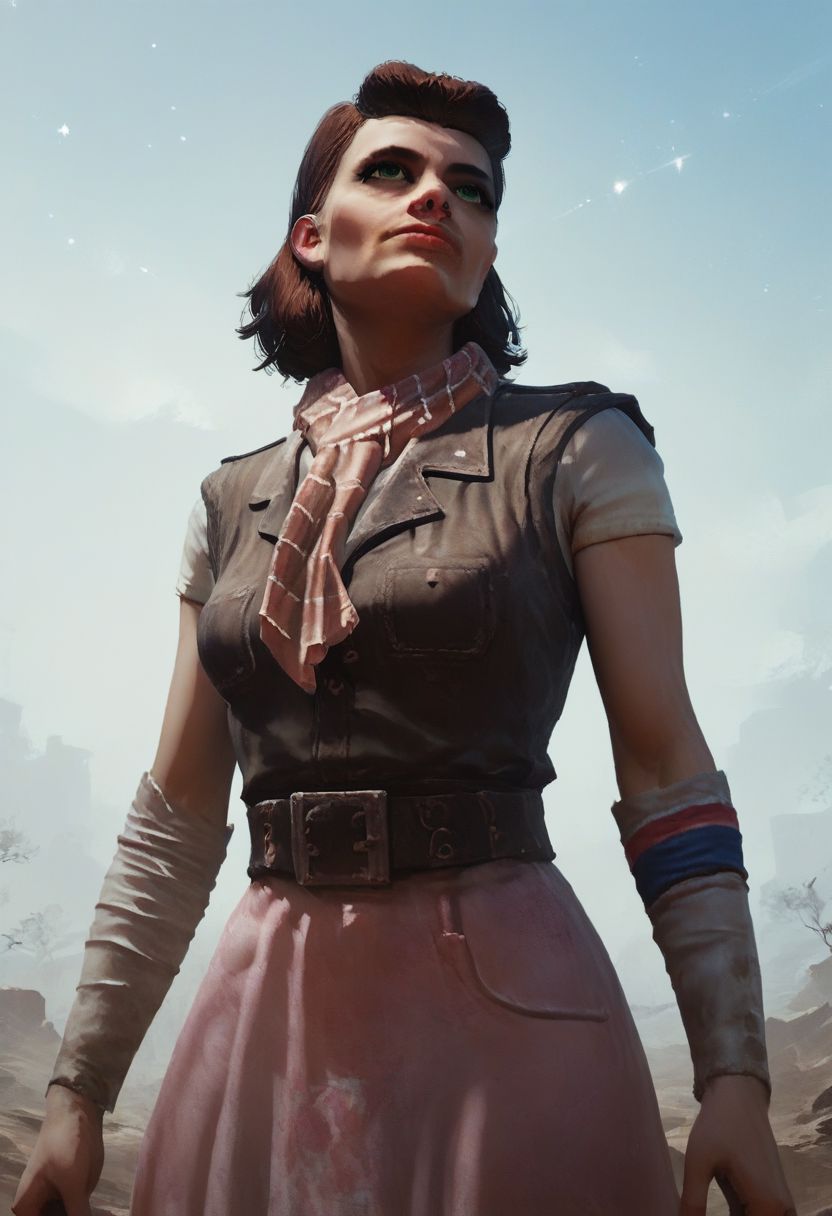 score_9_up, score_8_up, score_7_up, score_6_up, score_5_up, score_4_up, 1 girl, solo, katherine_swan, arm warmers, vest, skirt, scarf, belt, green eyes, standing in a desert wasteland, (night time), looking up into the sky, (starry sky), (realistic:1.2), (painted art:1.4)
