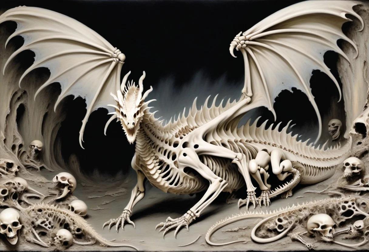 score_9, score_8_up, score_7_up, dark fantasy painting, cavern, undead dragon Zombie dragon, with decayed flesh and ragged wings, standing on a pile of bones and skeletons, highly detailed, DarkFantasy, artistic, best quality, masterpiece. boneswm, dark lighting, cave, stalagmites