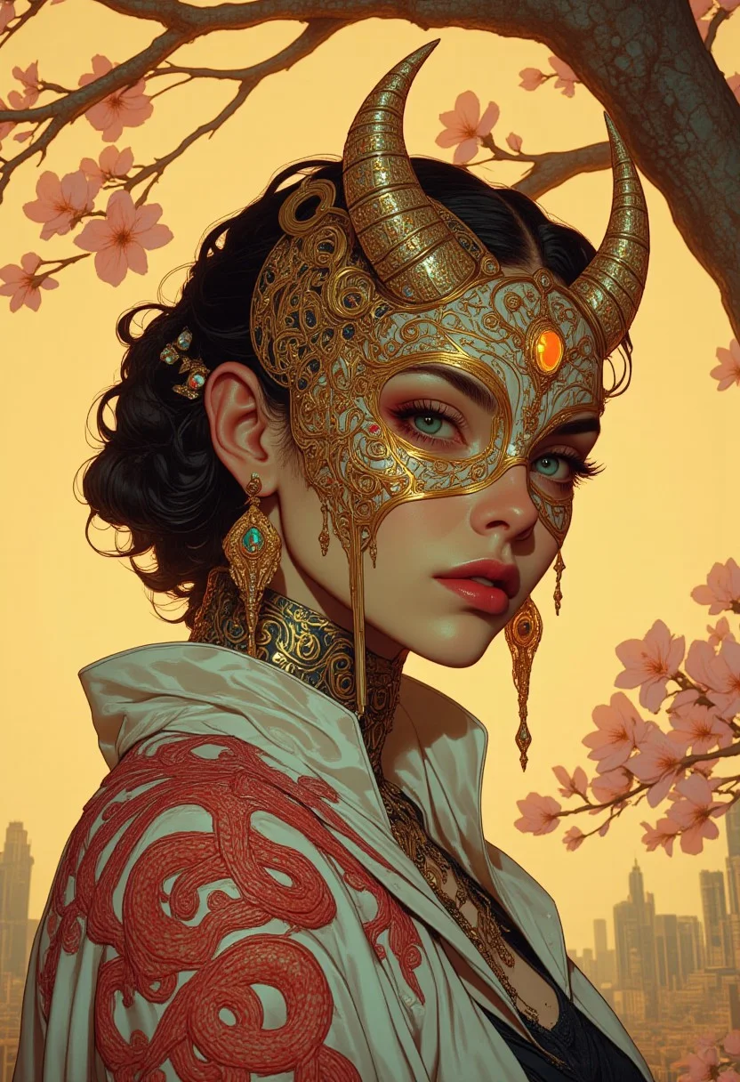 (((anime, cyberpunk, BaroCybPnk, baroque, cyberpunk, futuristic, Anime art))) This image depicts a portrait-size hyper-realistic illustration in 80s cinematic style, HD, 8K quality, ultra-detailed, and a true masterpiece of artwork—A close-up of an adult woman with smooth, dusky-rose skin, draped in an avant-garde, asymmetrical robe in blinding white, embroidered with serpentine, crimson silk thread patterns that coil and twist like living tendrils. Her face is entirely obscured by an elaborate lace mask, woven from delicate golden filigree and adorned with hundreds of tiny embedded rubies that gleam like droplets of crystallized blood. The mask extends seamlessly into the fabric, its intricate weave merging with the embroidered serpents in a seamless fusion of textile and jewelry craftsmanship. Two gilded, curling horns protrude from the sides, adding an ethereal yet ominous presence. Behind her, a mesmerizing sakura tree in full bloom stretches its soft pink petals against a vast toxic yellow sky, its organic grace juxtaposing the intricate opulence of her mask. The background amplifies the luminous contrast between the golden-red embroidery, the sharp white fabric, and the intense warmth of her skin. Soft, diffused lighting enhances the surreal quality of the mask, casting intricate lace-like shadows onto her attire, weaving together opulence and mystery in an unforgettable display of haunting beauty.