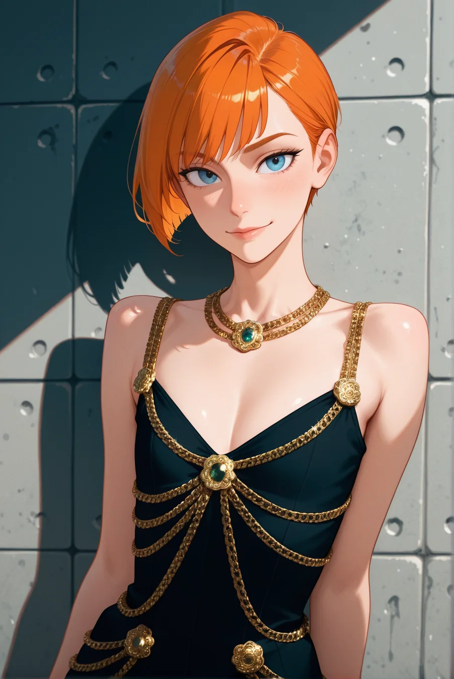 1boy, Rapunzel\(Movie\) style, (Pixar\(movies\):1.15), masterpiece,best quality,amazing quality, volumetric light, newest, Perfect detailed face, solo, clean concrete wall background,
an illustration of an extra skinny femboy, tomboy Trap, Trans girl, shag haircut, bobcut, ginger hair, redhead, flat chest, long_body, thin, (mature, 40yo:1.2), Til blue eyes,
<lora:Chanel_1992_Chain_Dress:0.85> chain outfit, black dress, cleavage, sleeveless, golden chain, necklace, jewelry,
BREAK Masterpiece, best quality, amazing quality, HDR, 4K, volumetric light, newest, Perfect detailed face, Pixar\(movies\), Disney Princess,