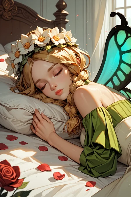score_9, score_8_up, score_7_up,
<lora:OdinSphereMercedes:0.9>
OdinSphereMercedes, 1girl, blonde hair, twin braids, red eyes, flower crown, fairy wings, looking at viewer, sleeping in a bed, rose petals, closed eyes