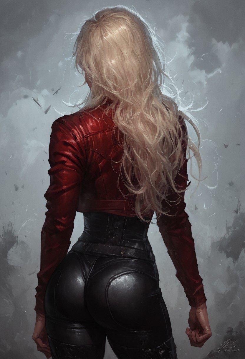 score_9, score_8_up, score_7_up, score_6_up, score_5_up, score_4_up, 1girl, score_9, score_8_up, score_7_up,  realistic, (beautiful), solo,back view of silhouette of a figure of gothic beauty, rebellious realistic girl with medium, blonde flowing hair, tight black leather pants, red jacket with raised fist, burning city backdrop, dramatic lighting, grunge style, upper body and ass,, perfect ass, high heeled boots