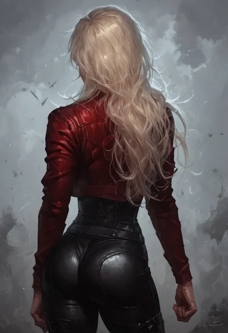 score_9, score_8_up, score_7_up, score_6_up, score_5_up, score_4_up, 1girl, score_9, score_8_up, score_7_up, realistic, (beautiful), solo,back view of silhouette of a figure of gothic beauty, rebellious realistic girl with medium, blonde flowing hair, tight black leather pants, red jacket with raised fist, burning city backdrop, dramatic lighting, grunge style, upper body and ass,, perfect ass, high heeled boots