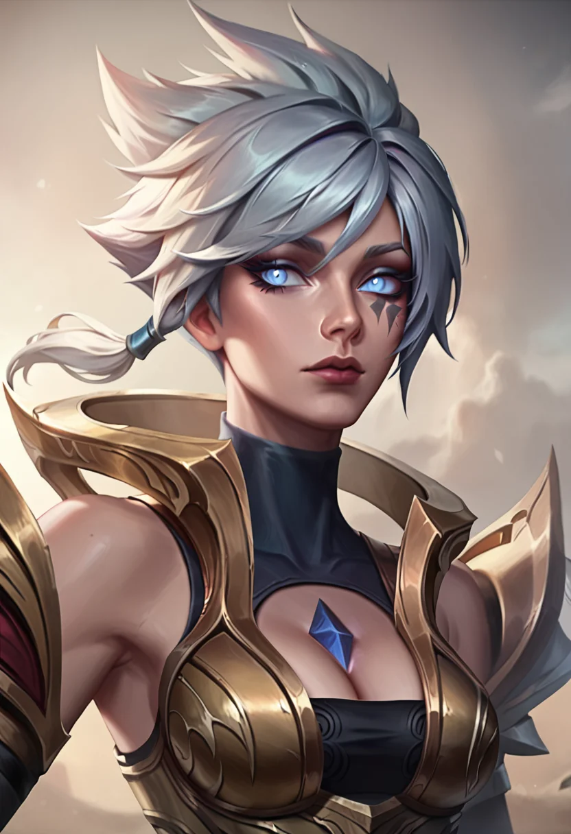 score_9, score_8_up, beautiful, gorgeous, pretty, perfect, masterpiece, high detail, (1 girl:2), (detailed face:1.8), (face focus:1.5), (zoom in:1.4), league of legends, league_of_legends, DBRiven, silver hair, golden armor, black bodysuit, bodysuit, golden shoulder armor, sidebraid, silver eyes, cleavage, short hair, (upper body:1.6), torso, Riven <lora:Dawnbringer_Riven_PonyXL:0.8>