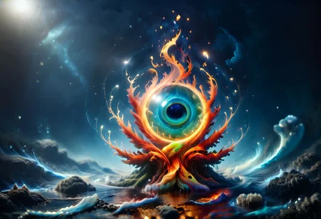 Harmonious fusion of elements, earth air fire earth and ether combined in a pentagonal shape in seamless integration, earth grounding and stable, water flowing and fluid, air swirling and free, fire vibrant and warm, united in perfect balance, elements intertwining gracefully, serene and dynamic, vibrant flames, coexistence of contrasts, nature's optimal quality, synergy of forces, essence of unity, balanced natural forces, peaceful coexistence, elemental harmony, timeless and eternal, highly detailed, masterpiece, 32k, UHD quality, pentangle, all of this inside the big cyclopic eye