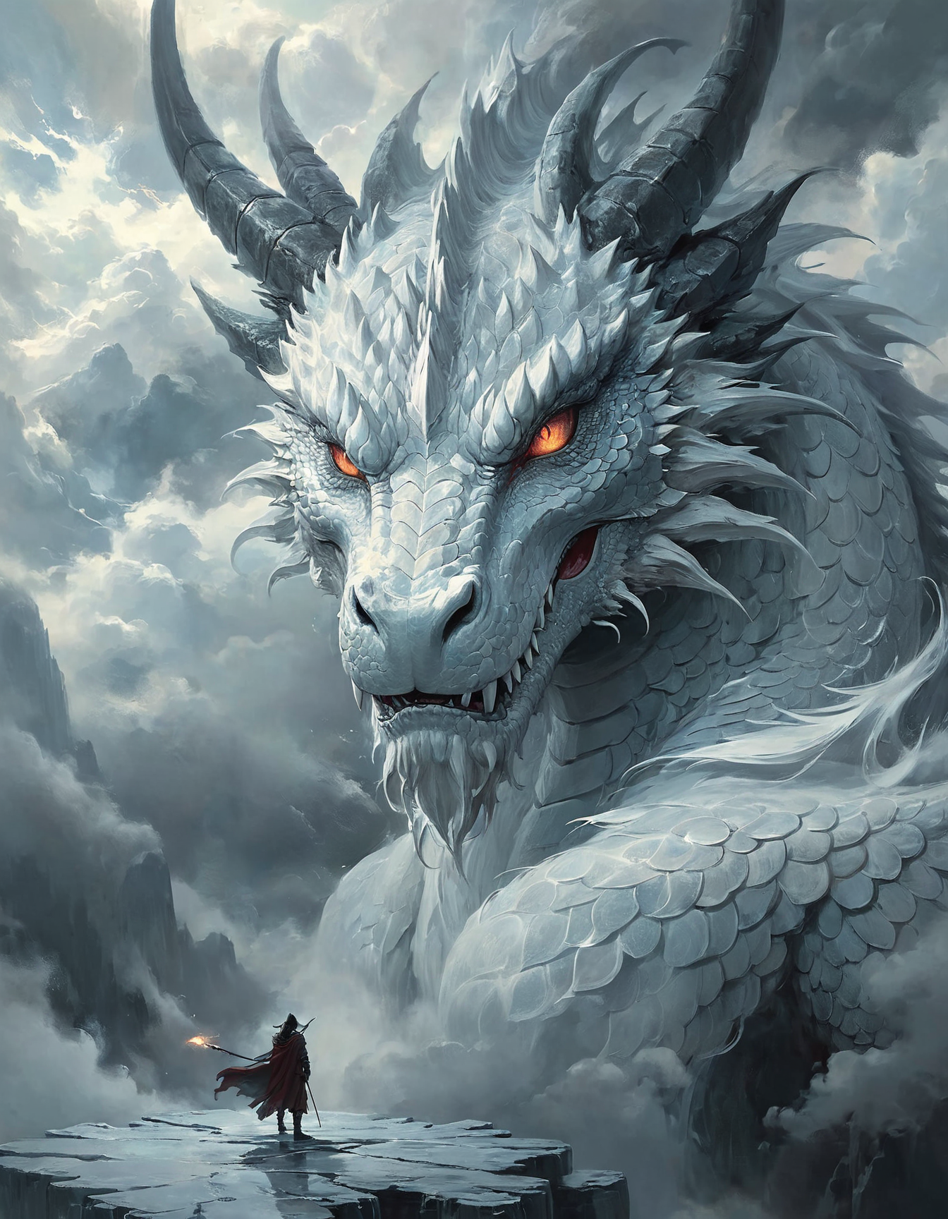 closeup of the dragon face, frontal, symmetrical, centered, fantasy themed digital painting, a majestic ethereal gigantic dragon head with white scales and flowing manes, swirling clouds to create a mystical atmosphere, face to face, looking down closely at the tiny human, Below a cloaked warrior stand on a reflective surface, serene, mist. whites and grays color palette, high contrast, ethereal quality, <lora:MJ52:0.5>, <lora:add-detail-xl:1>, <lora:sdxl_lora_beksinski:0.5>