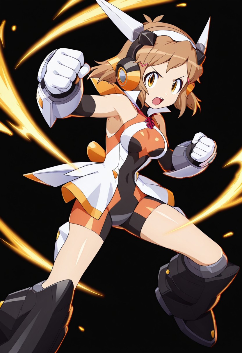 masterpiece, best quality, amazing quality, very aesthetic, absurdres, newest,shiny skin,, anime screenshot,  anime coloring,  <lora:TachibanaHibikiSeason1:1>short hair, 1girl, brown hair, solo, gungnirseason1, hair ornament, bodysuit, headphones, hairclip, headgear boots fighting stance,  looking at viewer,  simple background,  black background,   open mouth,  powering up,  clenched hands, looking at viewer, xdive,