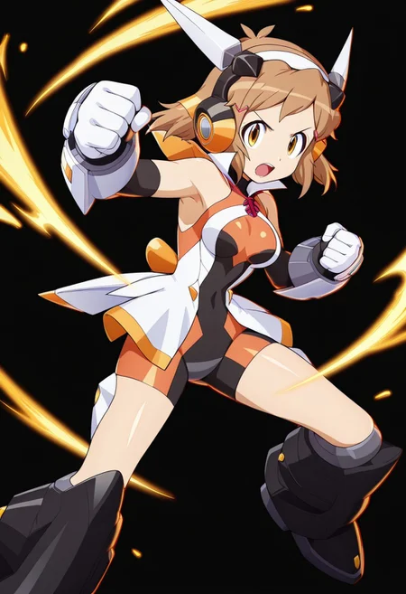 masterpiece, best quality, amazing quality, very aesthetic, absurdres, newest,shiny skin,, anime screenshot, anime coloring, <lora:TachibanaHibikiSeason1:1>short hair, 1girl, brown hair, solo, gungnirseason1, hair ornament, bodysuit, headphones, hairclip, headgear boots fighting stance, looking at viewer, simple background, black background, open mouth, powering up, clenched hands, looking at viewer, xdive,