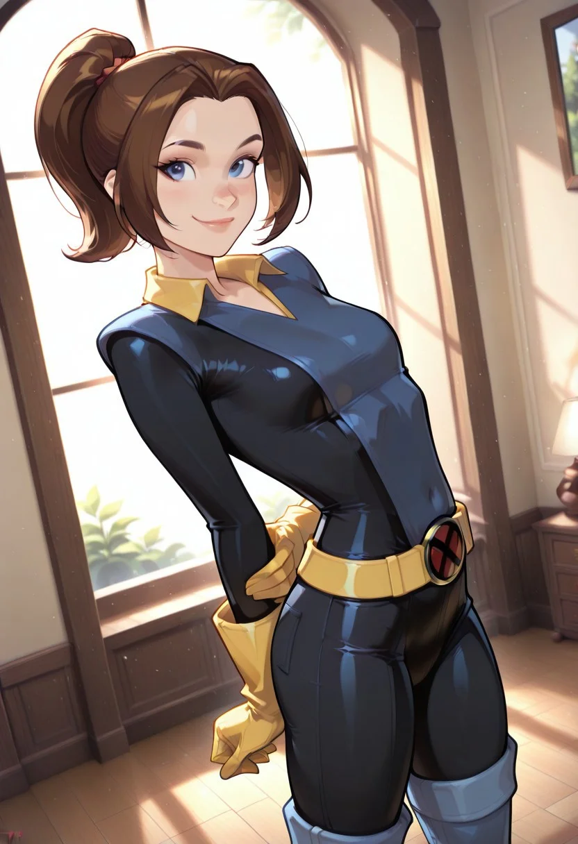 masterpiece,best quality,amazing quality,very aesthetic,absurdres,newest, detailed faces, (((typ0))), (vibrant, dynamic lighting, edge lighting), (dramatic lighting:1.5), (detailed faces:1.5), (detailed eyes:1.5), mansion, bedroom
BREAK
(1girl, KittyPryde, ponytail, parted bangs, brown hair, blue eyes, hero outfit, yellow collar, yellow gloves, blue boots, belt)
BREAK
sexy, cute pose, cute, smile