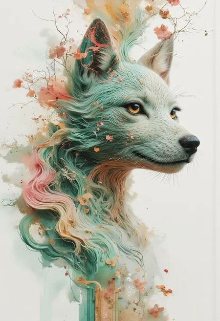 a dipiction of a kitsune, blending form with reality. Glitching the surreal with blurred dreams in Paradox Pink and Crisp Apple Green muted colors. Woven light fuses delicatly with whispering shimmers creating a eyecatching and masterpiece artwork on a white background. drifting fog, cloud light and smokey haze in floating threads finishes the dreamlike reality.