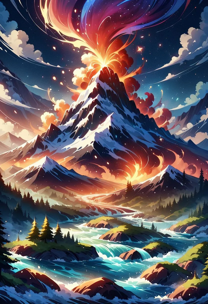 (ElementWind, ElementFire, ElementEarth, ElementWater:0.25), masterpiece, best quality, high quality, intricate, absurdres, very aesthetic, 
no humans, 
landscape, outdoors, nature, night,
mountain tops, snowy mountain, rocky mountains,
river, spring, sparkling water, waterfall, mist, rain, 
lava, magma stream, magma lines, volcano in background, erupting volcano,
trees, evergreen trees, windy, visible wing, wind lines, aurora,
ultra wide angle shot, cinematic style, highly detailed, majestic, shallow depth of field, movie still, hard light, circular polarizer, colorful, wallpaper, anime