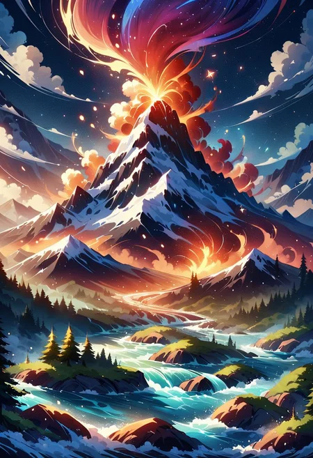(ElementWind, ElementFire, ElementEarth, ElementWater:0.25), masterpiece, best quality, high quality, intricate, absurdres, very aesthetic,
no humans,
landscape, outdoors, nature, night,
mountain tops, snowy mountain, rocky mountains,
river, spring, sparkling water, waterfall, mist, rain,
lava, magma stream, magma lines, volcano in background, erupting volcano,
trees, evergreen trees, windy, visible wing, wind lines, aurora,
ultra wide angle shot, cinematic style, highly detailed, majestic, shallow depth of field, movie still, hard light, circular polarizer, colorful, wallpaper, anime