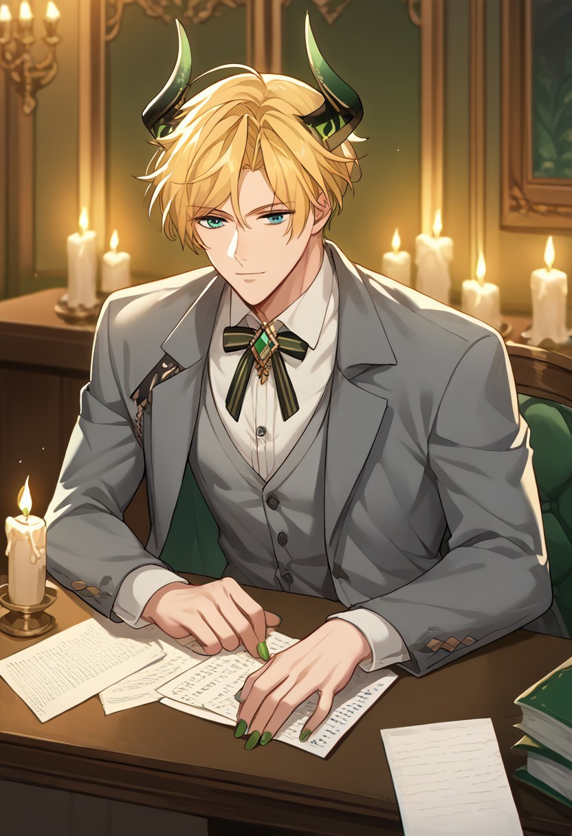 score_9, score_8_up, score_7_up, source_anime, rating_safe, papers, table, Satobey, 1boy, male focus, black s-shaped horns, grey dress shirt, green fingernails, sitting behind table, candles, green flames, blurry indoor room, wealthy, dark-light gradient,