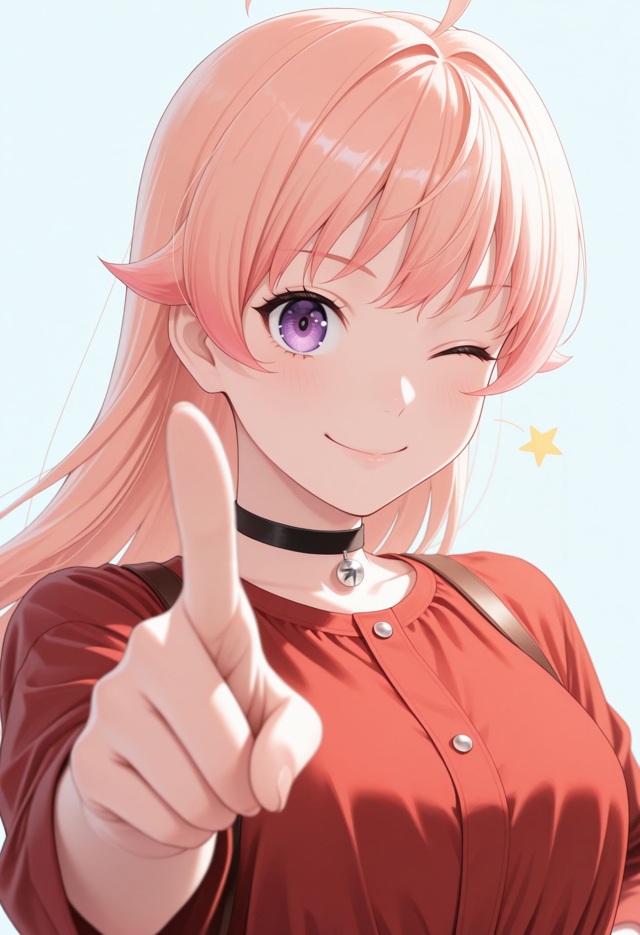 masterpiece,best quality,absurdres,highres,very aesthetic,high quality,detailed,insanely detailed,beautiful,perfect lighting, looking at viewer, looking at viewer, smile, hand on hips, pointing at viewer,, light blue background, star symbol, one eye closed, very awa
1girl,, looking at viewer, , white background, simple background, portrait, upper body,
 <lora:Wakatsuki Niko illu:1> 1girl, pink hair,ahoge, purple eyes, long hair, red dress, choker, belt