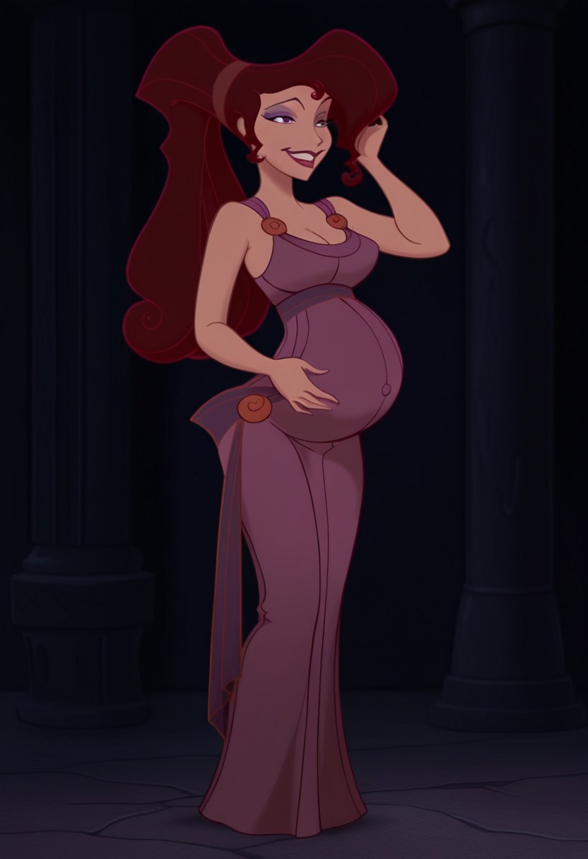1girl, masterpiece, best quality, amazing quality, absurdres, <lora:Megara__Illustrious:1> m3g4r4, megara (hercules disney), long hair, tied hair, brown hair, purple eyes, purple Greek dress, cleavage, sexy makeup, lipstick, smiling, full body, pregnant,
