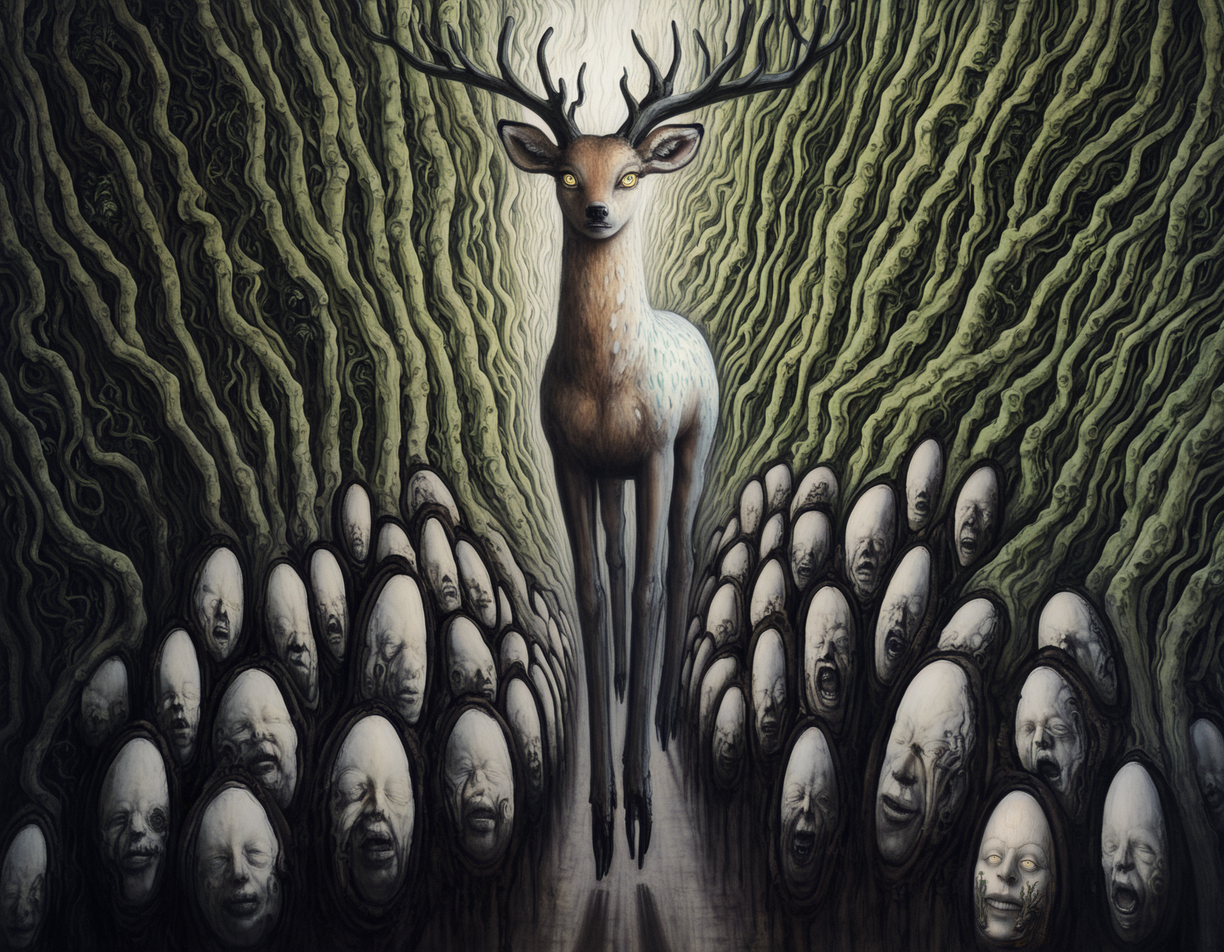 best quality, highres, absurdres, uhd masterpiece, 4k, painterly, realistic, (traditional media, sketch, inked:0.6), mecha monster, biomechanical blue deer, antlers, occult, yellow eyes, abundance of surreal plants, abundance of surreal nature, abundance of nature variation, abundance of plant variation, surreal landscape background, abundance of landscape variation, abundance of surrealism, artist: h.r. giger , horror \(theme\), shadow, hdr, <lora:HR Giger Illustrious 0.1-step00000630:0.7>