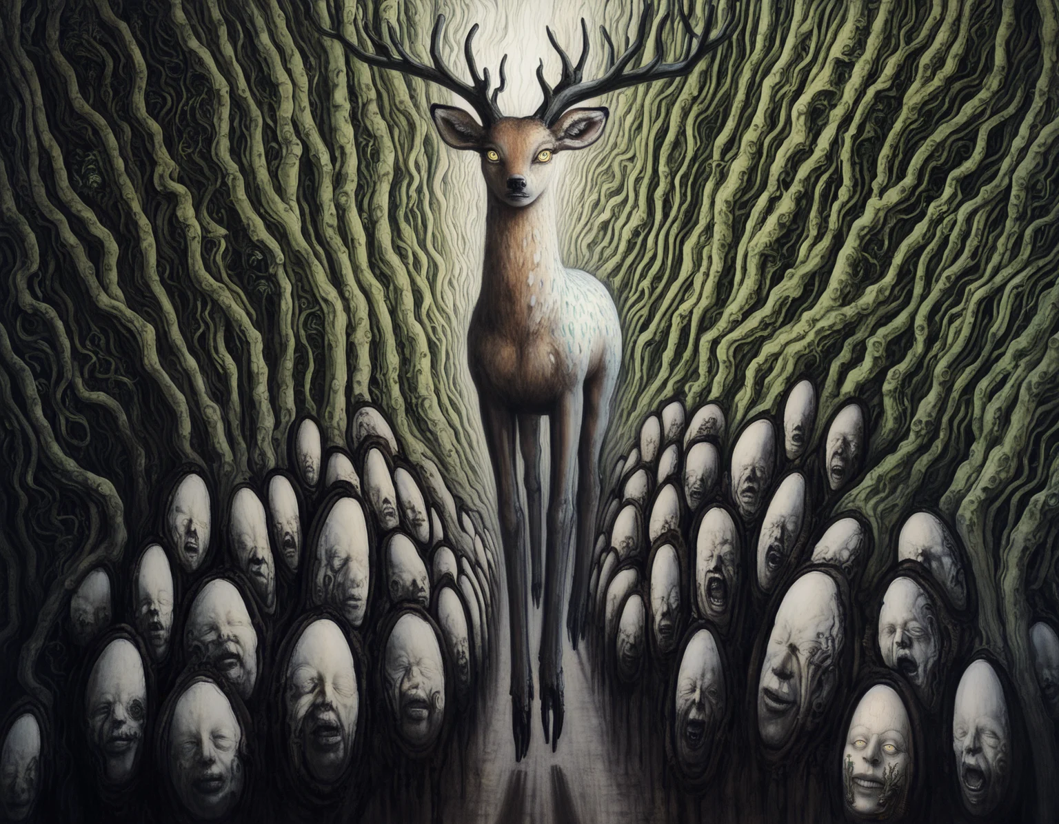 best quality, highres, absurdres, uhd masterpiece, 4k, painterly, realistic, (traditional media, sketch, inked:0.6), mecha monster, biomechanical blue deer, antlers, occult, yellow eyes, abundance of surreal plants, abundance of surreal nature, abundance of nature variation, abundance of plant variation, surreal landscape background, abundance of landscape variation, abundance of surrealism, artist: h.r. giger , horror \(theme\), shadow, hdr, <lora:HR Giger Illustrious 0.1-step00000630:0.7>