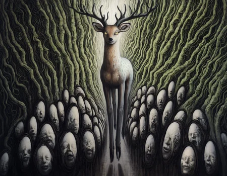 best quality, highres, absurdres, uhd masterpiece, 4k, painterly, realistic, (traditional media, sketch, inked:0.6), mecha monster, biomechanical blue deer, antlers, occult, yellow eyes, abundance of surreal plants, abundance of surreal nature, abundance of nature variation, abundance of plant variation, surreal landscape background, abundance of landscape variation, abundance of surrealism, artist: h.r. giger , horror \(theme\), shadow, hdr, <lora:HR Giger Illustrious 0.1-step00000630:0.7>