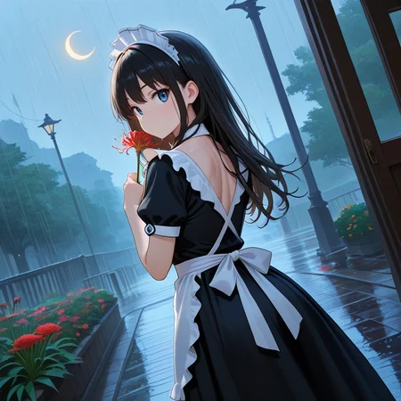 <lora:IL_lycoris_spider_lily:1>,lycoris/(flower/),1girl,solo,no mouth,disheveled hair,looking at viewer,rain,maid headdress,waist apron,maid,from back,looking back,dutch angle,holding flower,crescent,, masterpiece,amazing quality,best quality,ultra-detailed,8K,illustration,CG,shiny hair,clear skin,ultra-detailed-eyes,ultra-detailed-background,