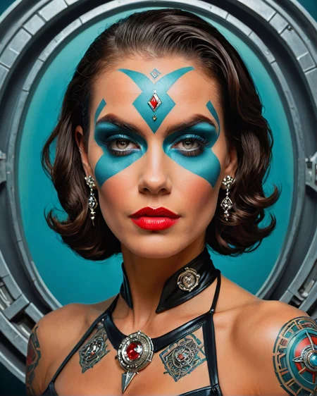 portrait art by Bill Medcalf, Pure burly (Male Daedra of Prudence:1.1) in a Futuristic setting, Brunette hair, Pin-up art, glamorous figures, playful scenes, portrait art by Michael Carson <lora:shaman2:1> adrr-shmn, tattoo, colored skin, jewelry, facepaint, fine polished, holy, artistic, located artistic