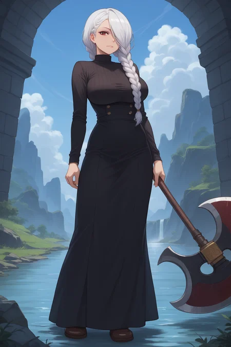 score_9, score_8_up, score_7_up, score_6_up, score_5_up, score_4_up, masterpiece, high quality, BREAK, full body, 1girl, large breasts, BREAK, <lora:meimei_JJK:1> Meimei_JJK, black outfit, gigantic battle axe, white hair, braids, hair in front of face, braided pony tail, stockings, black dress,