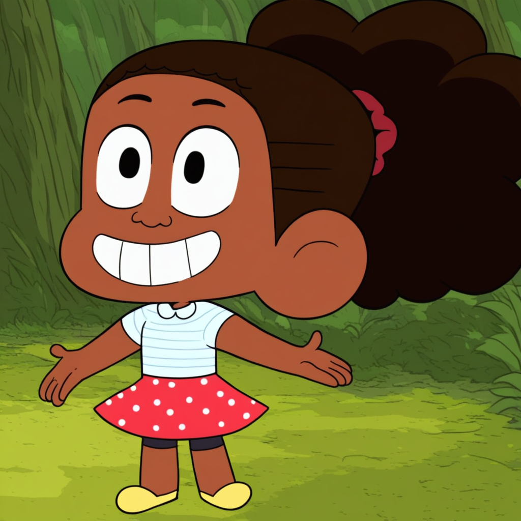 yellow shoes, big eyes, red skirt with white polka dots, hairstyle big fluffy ponytail, standing, 1girl, Score_9, white shirt with blue stripes, black short, black eyebrows, dark brown hair, in a forest, brown skin, black eyes, smile, Solo, Jessica_Cotc, full body, short stature, expressive eyes