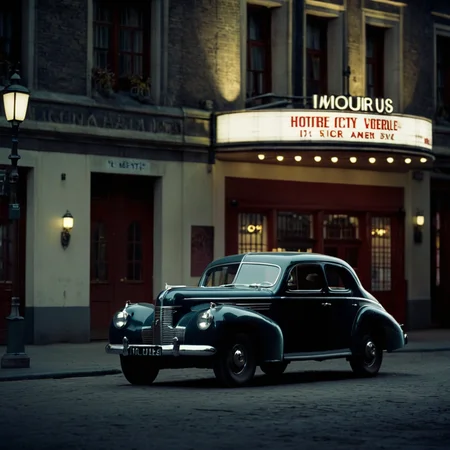 cinematic film still of <lora:detailed:0.2>
<lora:perfection style:0.2>
<lora:Ron Fricke style:0.1>
<lora:Inglourious Basterds film style:0.9>
a classic movie theater with a car parked in front of it,outdoors,english text,no humans,night,ground vehicle,building,scenery,motor vehicle,city,sign,car,road,lamppost,street , 1940's, Inglourious Basterds film style, shallow depth of field, vignette, highly detailed, high budget, bokeh, cinemascope, moody, epic, gorgeous, film grain, grainy