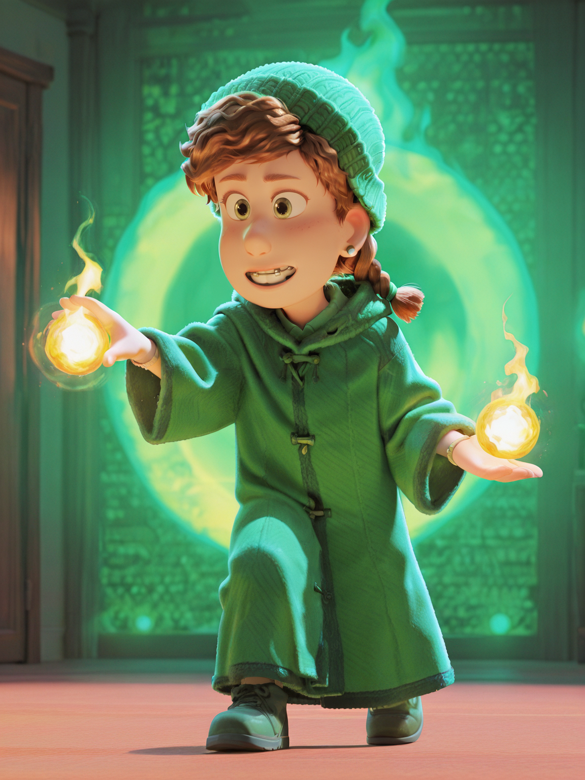<lora:Miriam_MendelsohnIL:1> m_m, 1girl, green eyes, ginger hair, braids hair, earrings, braces teeth, fur hat,
magic, magic robe, steel armor,glowing liens, fireball, action, full body, glowing background, magic background