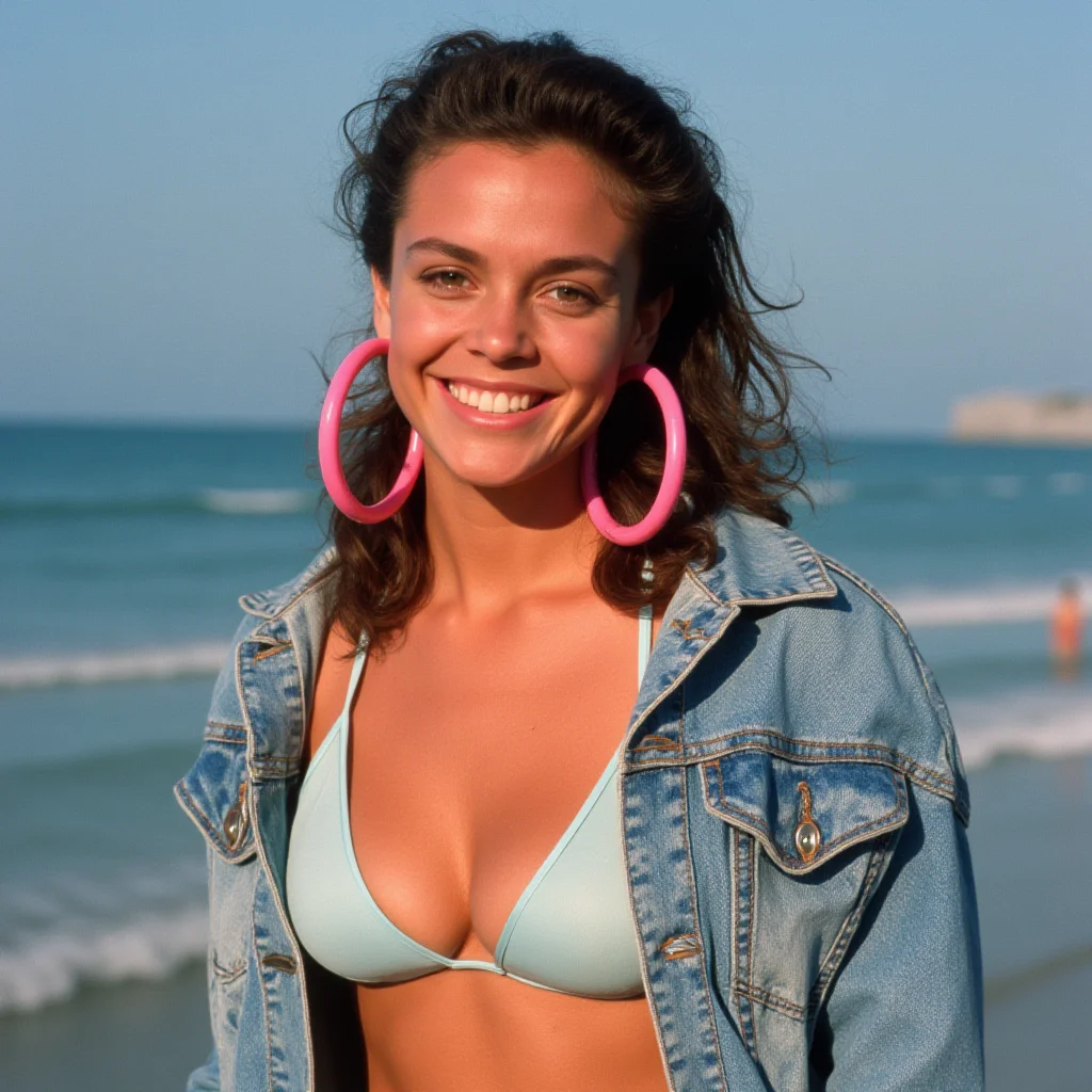 UHD, 4k, ultra detailed, cinematic, a photograph of <lora:1980 style v1:0.9>
In the 1980's a woman with a big pink hoop earrings,1girl,solo,looking at viewer,smile,brown hair,brown eyes,jewelry,jacket,swimsuit,ponytail,bikini,earrings,teeth,grin,lips,traditional media,denim,hoop earrings,realistic,denim jacket , realistic,realism, detailed, perfection,perfect,filmic,retro,vintage,classic,different haircut,different look,different style,different people, 1980's style , 1980 style, epic, beautiful lighting, inpsiring