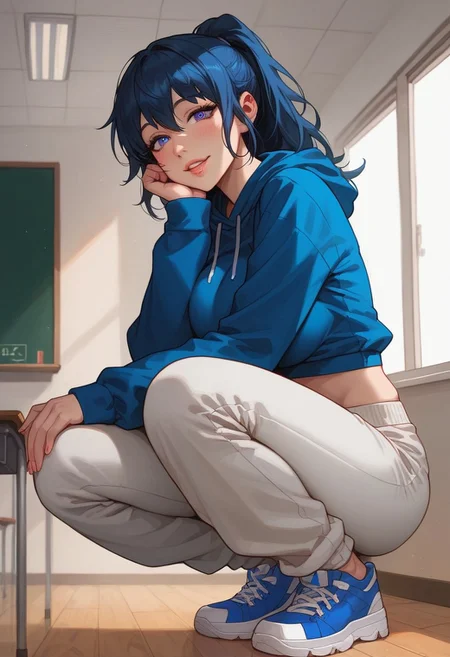 (score_9, score_8_up, score_7_up), 1girl, solo, Fantasy, Mature Woman, Byleth (fire emblem), Long Hair, Open hair, fit body, Huge Natural breasts, very soft breasts, Pale skin, thick ass, wide hips, big round bubble butt, thick thighs, skindentation, big pleading eyes, pursed lips, parted lips, warm smile, raised eyebrows,  high quality, vivid colours, g0thicPXL, lilandavastyle, possmach, inside, classroom, squatting, Rest hands on knee, Ponytail, Blue Hoodie, cropped Hoodie, Loose Hoodie, midriff, ((Baggy pants)), Sneaker, ((Angle from below)),