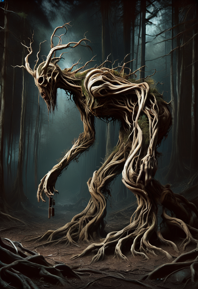 morph-treeroots,grunge style creature coming out of the dark, Ashley Wood,<lora:tree roots_0_100_V1-000008:0.8>