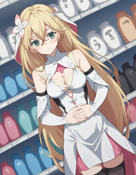 score_9, score_8_up, score_7_up, source_anime, <lora:nazeboku-rinne-s1-ponyxl-lora-nochekaiser:1>, rinne, long hair, blonde hair, hair ornament, hair between eyes, medium breasts, green eyes,, thighhighs, dress, cleavage, detached sleeves, black thighhighs, white dress,, music store, browsing records, headphones, vinyl collection, nostalgic, , , hands on stomach, blush,, solo,, cowboy shot, dutch angle