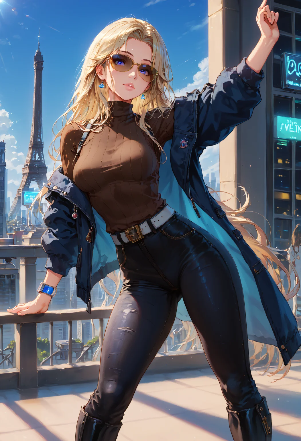 Expressiveh, c4rll4r, masterpiece, score_9, score_8_up, score_7_up, score_6_up, (neon glow, dreamlike, dreamart:1.1), perfect quality, highest quality, 8k, hyperrealistic, highest details, hdr, ultrasharp, cinematic, (perfect breasts:1.1), detailed hair, stunning background, 1 female, (37 years old), nsfw, uncensored, epcd, aviator black sunglasses, brown sweater, denim, blue jacket, belt, wristwatch, black jeans, high heel boots, (paris, sunshine, city:1.1), posing, elegant<lora:EnterprisePDcompleteV1 AL.safetensors:0.7000000000000001:0.7000000000000001> <lora:SDXLFaeTastic2400.safetensors:1.0:1.0> <lora:incase_style_v3-1_ponyxl_ilff.safetensors:0.3:0.3> <lora:c4rll4rXLP.safetensors:0.3:0.3> <lora:Expressive_H-000001.safetensors:0.4:0.4> <lora:sinfully_stylish_PONY_0.2.safetensors:0.2:0.2>