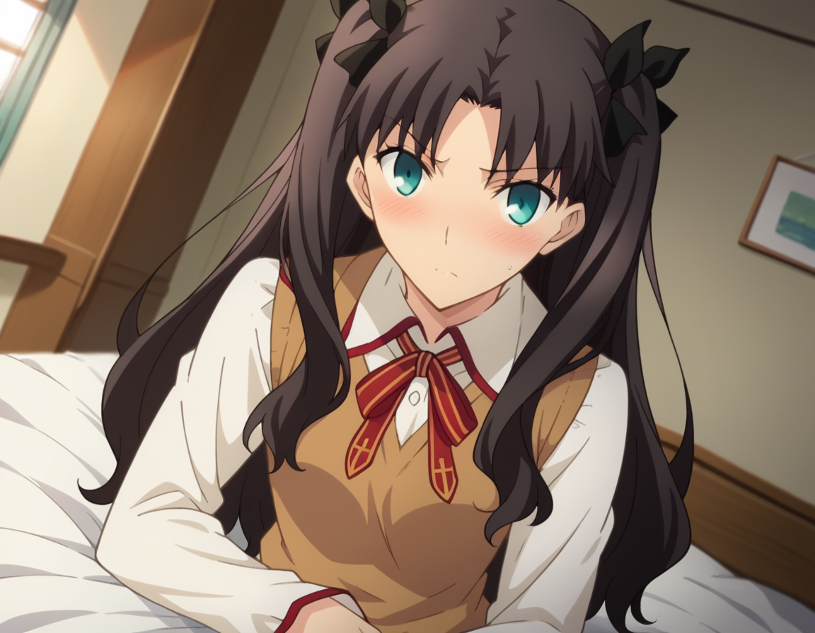 score_9, score_8_up, score_7_up, source_anime,
rintohsaka, <lora:rin-tohsaka-ubw-ponyxl-lora-nochekaiser:1>,
rin tohsaka, aqua eyes, black hair, hair ribbon, long hair, ribbon, sidelocks, two side up, parted bangs,
brown sweater vest, collared shirt, homurahara academy school uniform, neck ribbon, red ribbon, ribbon, school uniform, shirt, sweater vest, white shirt,
indoors, bed, bed room, on side, blush, drunk,
looking at viewer, dutch angle, cowboy shot,