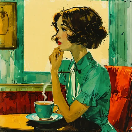 Painting of a woman having tea <lora:tbh119-sdxl:1> style of Coles Phillips