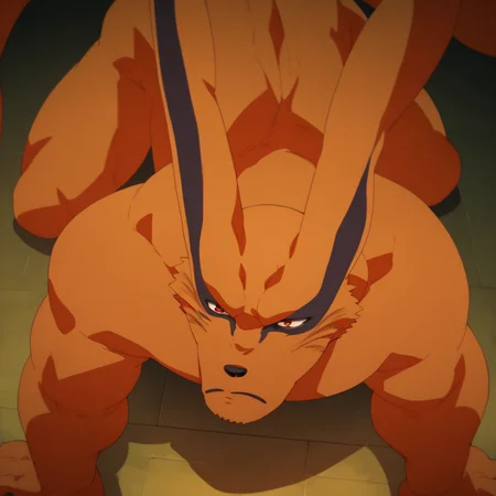 score_9, score_8_up, score_7_up BREAK Kurama, nine tailed fox, kyuubi, 1boy, solo, bored, muscular male, red eyes, closed mouth, on all fours
