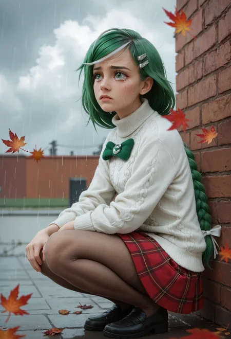 zPDXL2, (from side:0.8), (chest focus:0.9), depth of field, highly detailed,
medium portrait, solo, sber-chan, green hair, streaked hair, green eyes, single braid, white bow, long hair, (skin details:1.1),
leaning, squatting, looking away, (sad:1.1), (tears:1.1), crying, mole under eye,
hairclip, turtleneck sweater, plaid skirt, brown pantyhose,
cloudy sky, stormy weather, (overcast:1.2), (autumn leaves:1.3), (rain:1.4), thunderclouds, brick wall,
<lora:add-detail-xl:1.5> <lora:Sber-chan:0.9>