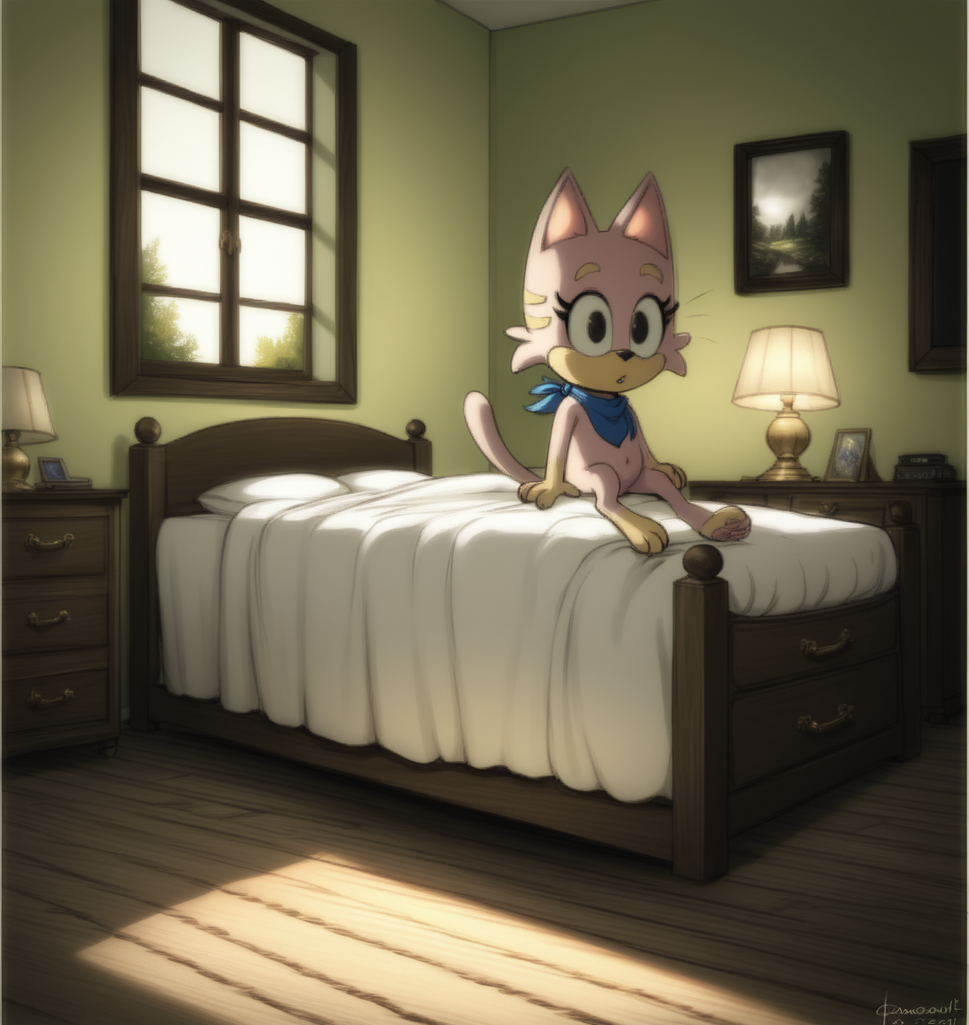 score_9, score_8_up, score_7_up, score_6_up, Detailed Background, BREAK
 <lora:Meowkie_Namco_High_for_PonyXL:0.62>, 1girl, furry, animal ears, black eyes, meowkie, neckerchief, tail, body fur, BREAK
bedroom, sitting on bed, detailed background, dresser, window, mirror, lamp, carpet, monitor, desk,