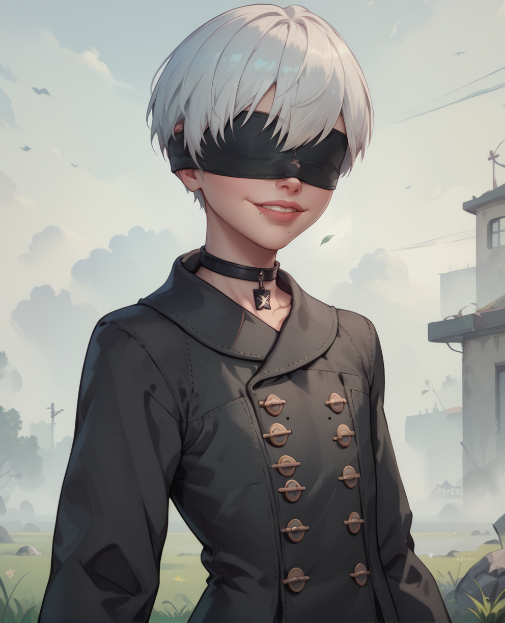 score_9,score_8_up,score_7_up,
yorhaxl,white hair,black blindfold,short hair,black choker,lips,mole under mouth,flat chest,
standing,upper body,smile,
long sleeves,black jacket,buttons,
deserted school yard,fog,grass,
<lora:Yorha9s:0.8>,