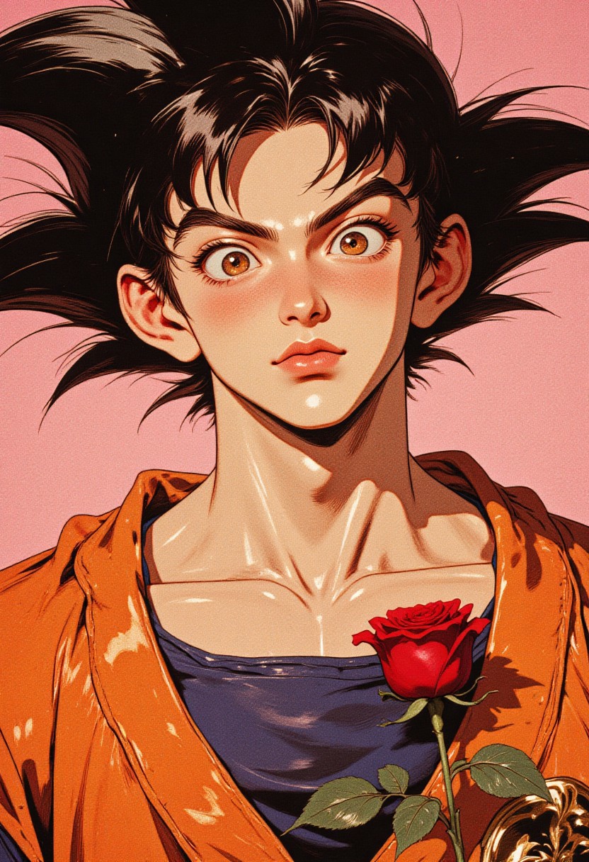 G0thicL1nes, A hyper-detailed, full-body digital illustration,, anime,, oil painting, the image of a: 90s retro anime, A retro anime-style close-up illustration of a young Goku, inspired by classic 80s Dragon Ball aesthetics. Goku is shown holding a single red rose close to his chest, his expression shy and endearing. His large, round eyes are wide and sparkling, cheeks flushed with a bright blush. His spiky black hair is soft-edged with vintage cel shading, and his iconic orange gi is visible around his shoulders. The background is a soft, solid pastel pink with subtle halftone texture, enhancing the romantic and nostalgic tone. Highlights and shadows are rendered with clean, minimal layers typical of early anime, giving the image a warm, heartfelt charm. A gentle light falls across his face, emphasizing his innocence and the sweet awkwardness of the moment.