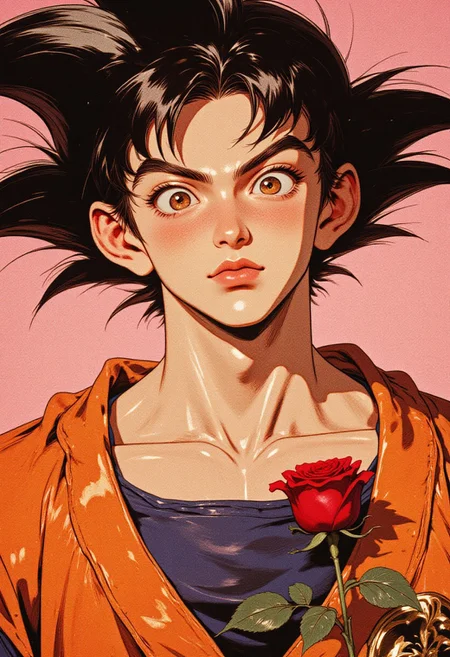 G0thicL1nes, A hyper-detailed, full-body digital illustration,, anime,, oil painting, the image of a: 90s retro anime, A retro anime-style close-up illustration of a young Goku, inspired by classic 80s Dragon Ball aesthetics. Goku is shown holding a single red rose close to his chest, his expression shy and endearing. His large, round eyes are wide and sparkling, cheeks flushed with a bright blush. His spiky black hair is soft-edged with vintage cel shading, and his iconic orange gi is visible around his shoulders. The background is a soft, solid pastel pink with subtle halftone texture, enhancing the romantic and nostalgic tone. Highlights and shadows are rendered with clean, minimal layers typical of early anime, giving the image a warm, heartfelt charm. A gentle light falls across his face, emphasizing his innocence and the sweet awkwardness of the moment.