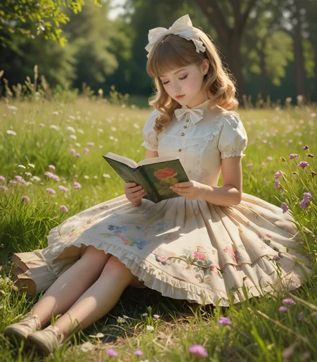 sweetegl dress-clad girl, adorned with bows and lace, peacefully reading a vintage book on a sun-dappled meadow with blooming flowers, SkinHairDetail-SDXL OverallDetail-SDXL <lora:SweetLolitaXLv4.23:1.0>