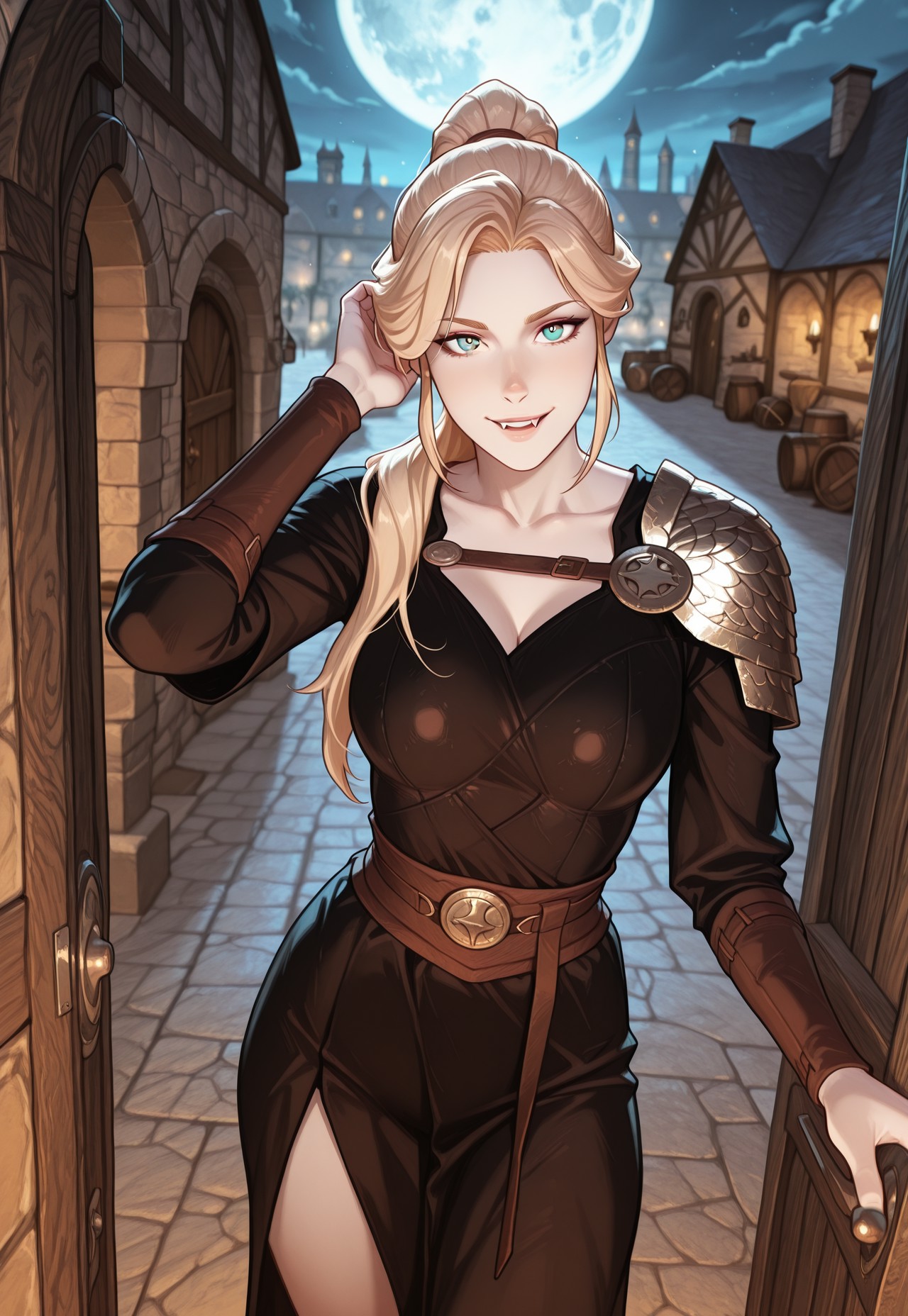 mai_ki_style, frostbite, 4s0r4, masterpiece, best quality, highly detailed, highres, absurdres, highly detailed, depth of field, vibrant image, dynamic, detailed face, detailed eyes, intricate details, absurdres, amazing quality, very aesthetic, upscale, ancient rome aesthetic, detailed pose, dynamic pose, close angle, detailed background,
BREAK
outdoors, nightime, ancient rome city, daylight, fantasy world, beauty, beautiful, beautiful skin, detailed face, five fingers, detailed facial features, close angle, city streets, standing, tavern door, darkness, dim light, darkness, moon, at night, very dark
BREAK
1girl, solo, A short blonde hair vampire lady with pale skin wearing a leather armor, she has the appearence of a young 18yo human, her eyes are red with vertical pupils, her look is innocent and playful, pale skin, vampiric features, short fangs, detailed face, beautiful face, looking seductively at viewer, devious smile, posing, one hand in hair, ponytail