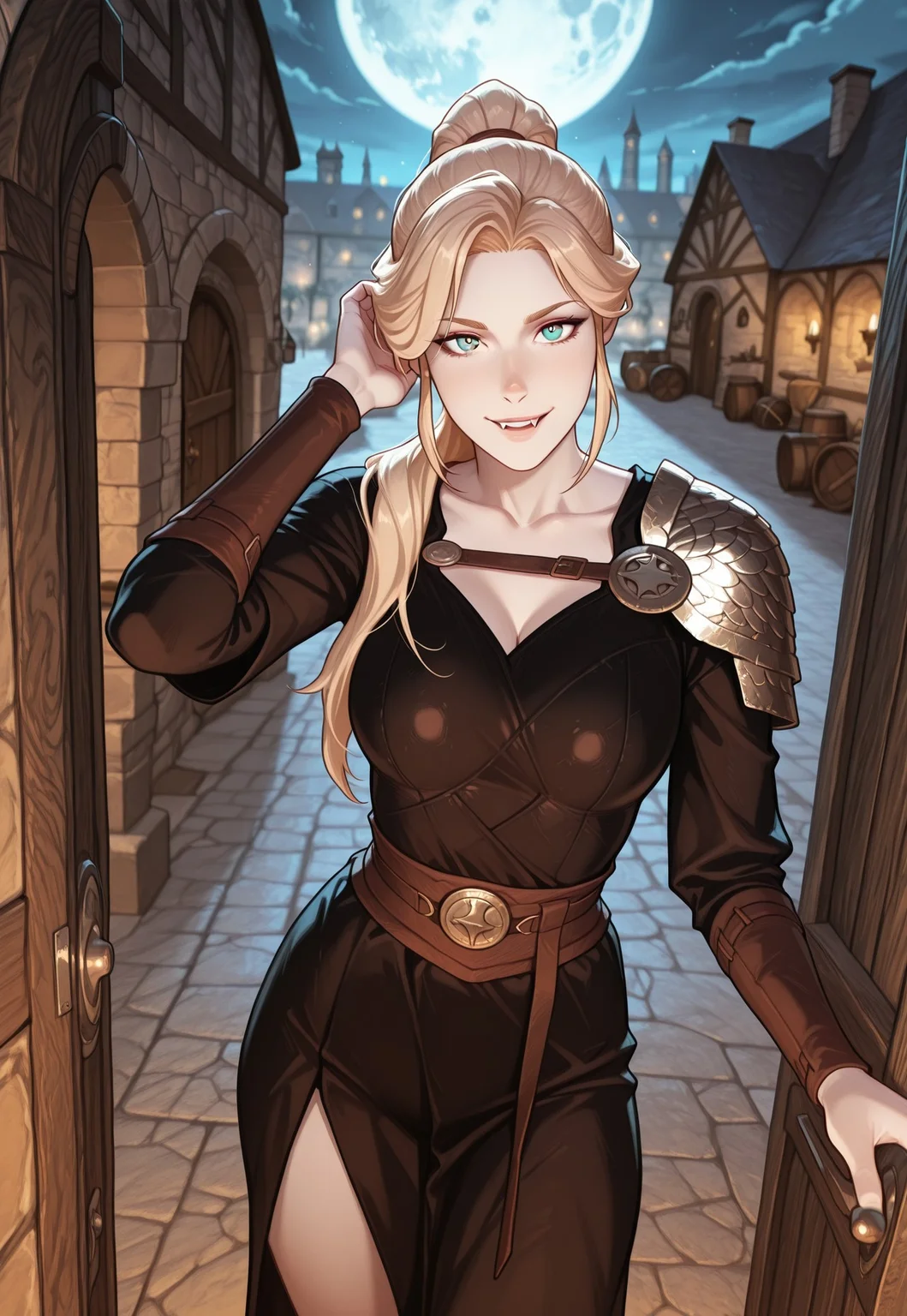 mai_ki_style, frostbite, 4s0r4, masterpiece, best quality, highly detailed, highres, absurdres, highly detailed, depth of field, vibrant image, dynamic, detailed face, detailed eyes, intricate details, absurdres, amazing quality, very aesthetic, upscale, ancient rome aesthetic, detailed pose, dynamic pose, close angle, detailed background,
BREAK
outdoors, nightime, ancient rome city, daylight, fantasy world, beauty, beautiful, beautiful skin, detailed face, five fingers, detailed facial features, close angle, city streets, standing, tavern door, darkness, dim light, darkness, moon, at night, very dark
BREAK
1girl, solo, A short blonde hair vampire lady with pale skin wearing a leather armor, she has the appearence of a young 18yo human, her eyes are red with vertical pupils, her look is innocent and playful, pale skin, vampiric features, short fangs, detailed face, beautiful face, looking seductively at viewer, devious smile, posing, one hand in hair, ponytail